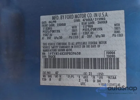 1999 Ford Ranger Xlt z USA, uszkodzony, nr VIN 1FTYR14X3XPB39658